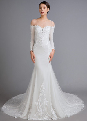 Long Sleeve Beaded Ivory Lace Satin Sheer Back Wedding Dress